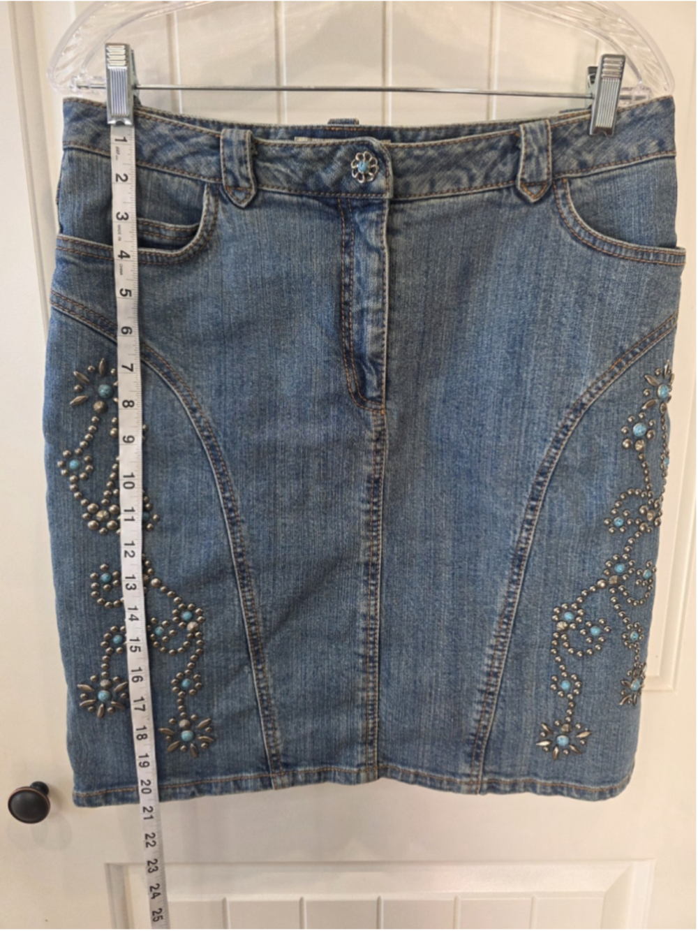 Cripple Creek Denim Western Knee Length Skirt Sz 10 Blue Studded Turquoise Embel - Picture 8 of 10